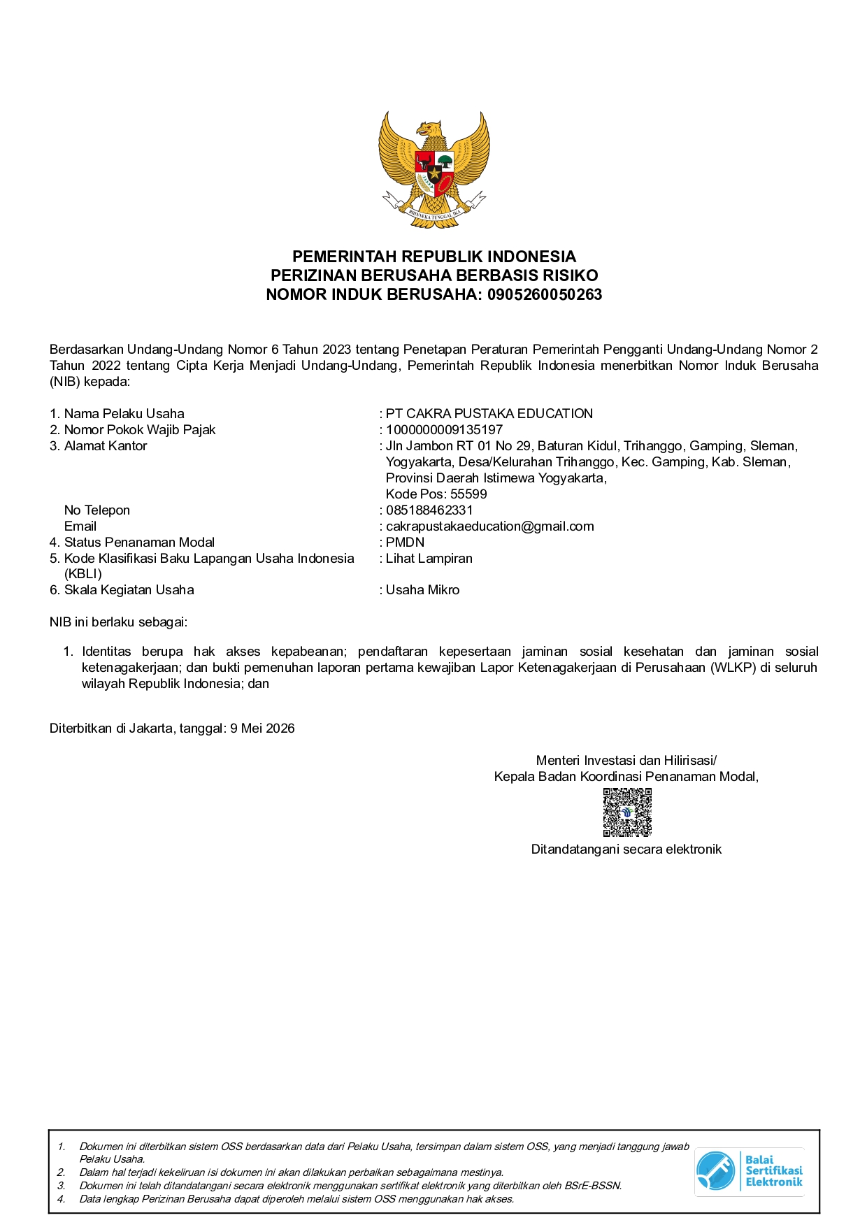 NIB PT Cakra Pustaka Education