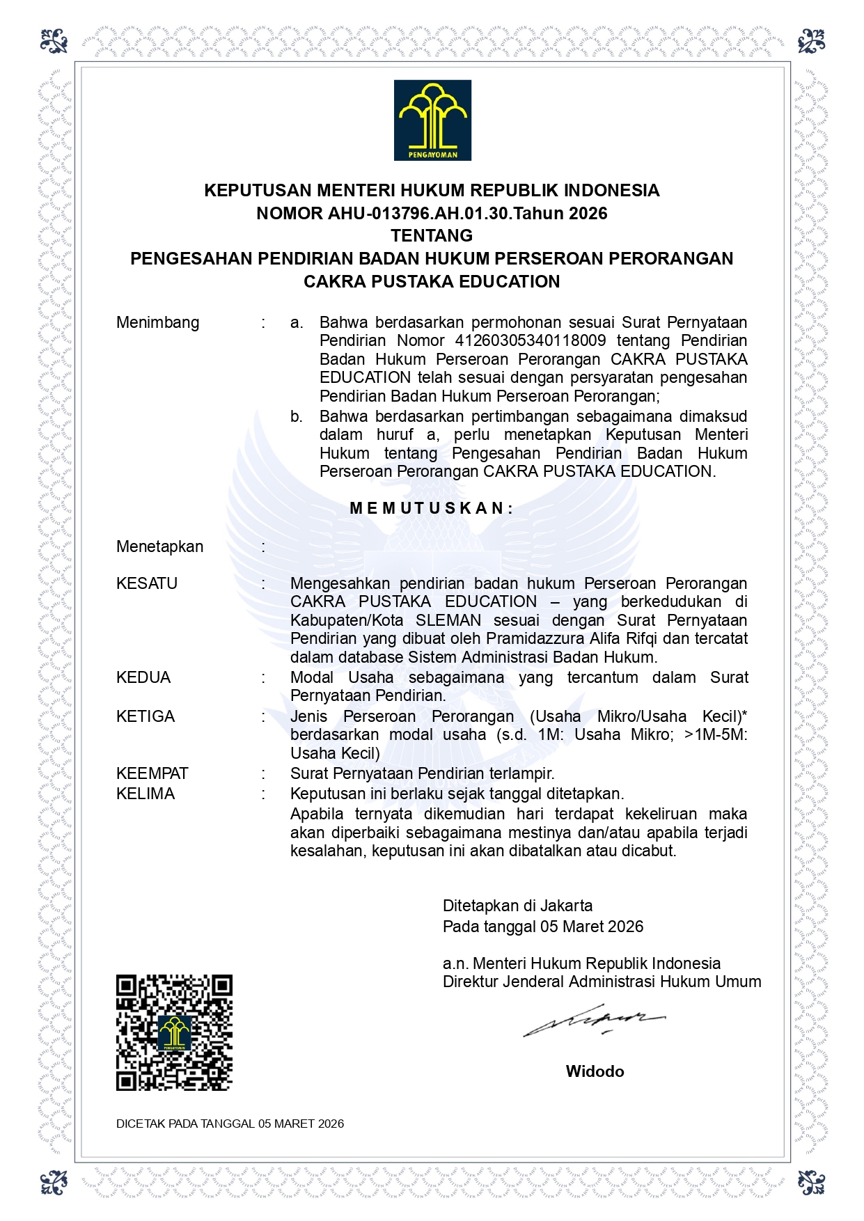 SK Pengesahan PT Cakra Pustaka Education